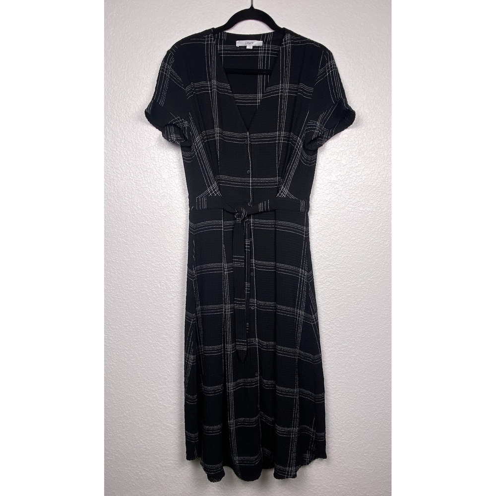 Loft Black White Plaid Button Front Midi Dress Short Sleeve Tie Waist Size 6